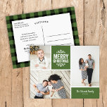 Postal Festiva Collage de fotos Rustic Green Merry Christmas 3<br><div class="desc">Personalizado económico imprimió postales de fotos de vacaciones con plantillas sencillas para la personalización. Este moderno diseño rústico tiene un diseño de collage de fotos con espacio para 3 fotos familiares y texto en bloques de colores coordinados - edite los colores de fondo para que coincidan con cualquier foto. Personalízalo...</div>
