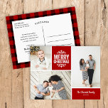 Postal Festiva Collage de fotos Rustic Red Merry Christmas 3<br><div class="desc">Personalizado económico imprimió postales de fotos de vacaciones con plantillas sencillas para la personalización. Este moderno diseño rústico tiene un diseño de collage de fotos con espacio para 3 fotos familiares y texto en bloques de colores coordinados - edite los colores de fondo para que coincidan con cualquier foto. Personalízalo...</div>