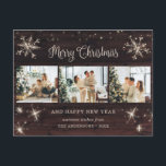Postal Festiva Collage de fotos Rustic Wood Snowflake<br><div class="desc">Foto rústica postal Feliz Navidad y Feliz Año Nuevo con un collage de fotos con estrellas, copos de nieve y un hermoso saludo de vacaciones con letras a mano en un estilo de letra festivo. Personalice fácilmente esta postal rústica de vacaciones de madera con sus fotos, nombre de familia y...</div>