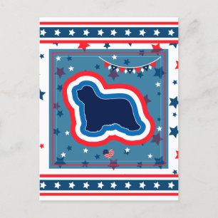 Postal Festiva Collie con barba Patriótico Rojo Azul Blanco 4 de