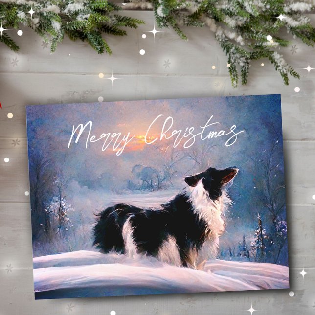 Postal Festiva Collie fronterizo en Navidades del paisaje de niev (Subido por el creador)