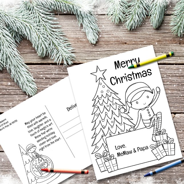 Postal Festiva Colores de Navidades Elf (Spark your child's creativity this holiday season with our Christmas Elf Coloring Postcard! )