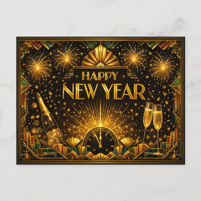 Postal Festiva Colorful Gold Art Deco Happy New Year (Anverso)