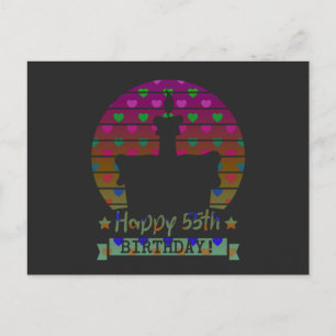 Postal Festiva Colorida Feliz 55 cumpleaños pastel con corazones