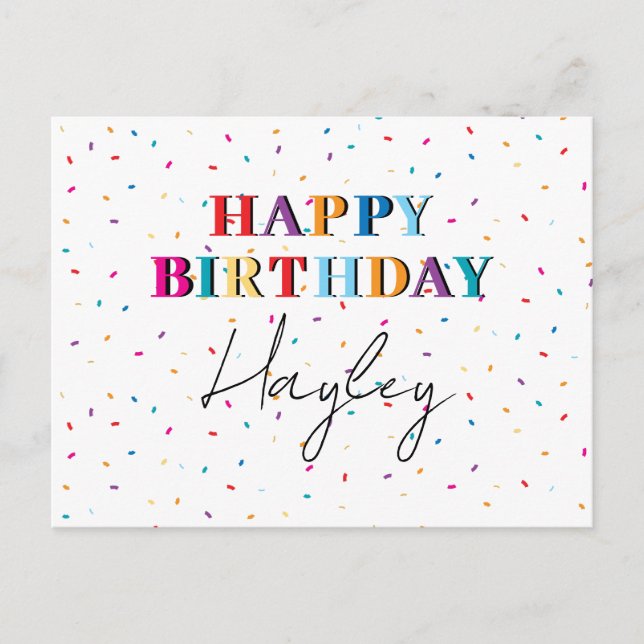 Postal Festiva Colorido Happy Birthday Custom Name Confetti (Anverso)