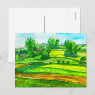 Postal Festiva Colza Ladera Acuarela Paisaje