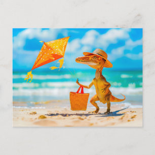 Postal Festiva Cometa voladora de Dino en la playa