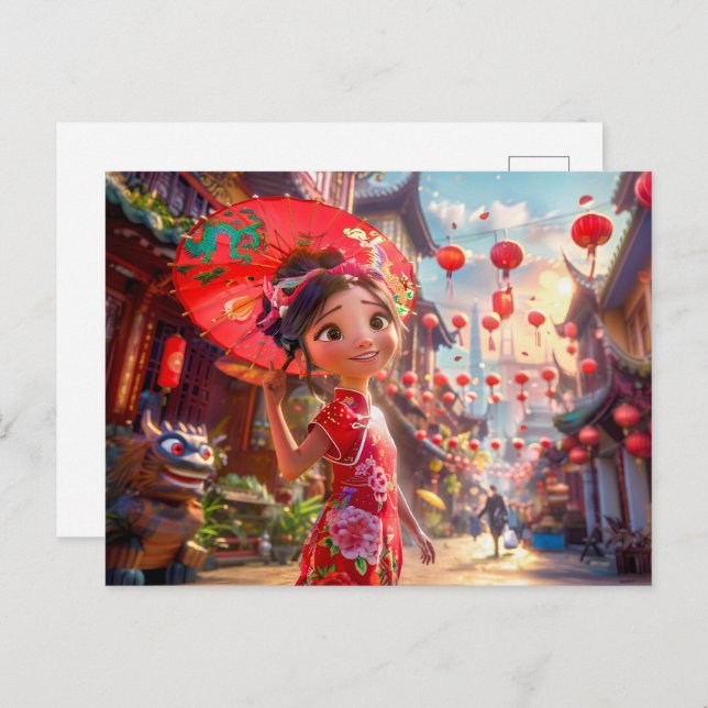 Postal Festiva Comic Chica con Parasol en Sunny Scene (Anverso / Reverso)