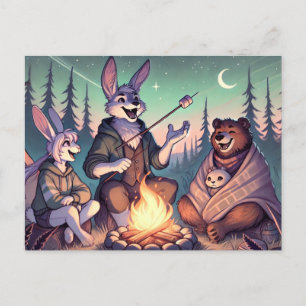 Postal Festiva Cómodas historias de fuego - Conejo y oso bajo las