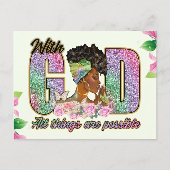 Postal Festiva Con Dios todas las cosas son posibles, melanina, s (Anverso)