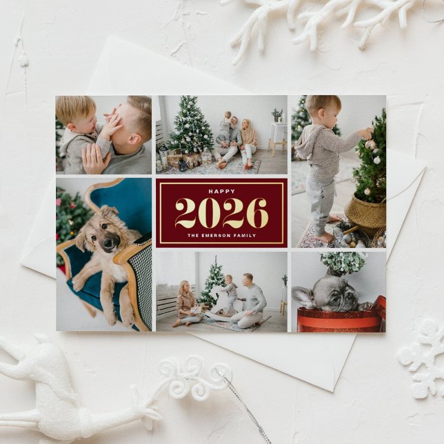 Postal Festiva Con Relieve Metalizado 2026 Burgundy Happy New Year Photo Collage (Customizable photo collage New Year postcard featuring gold foil texts on a burgundy background.)