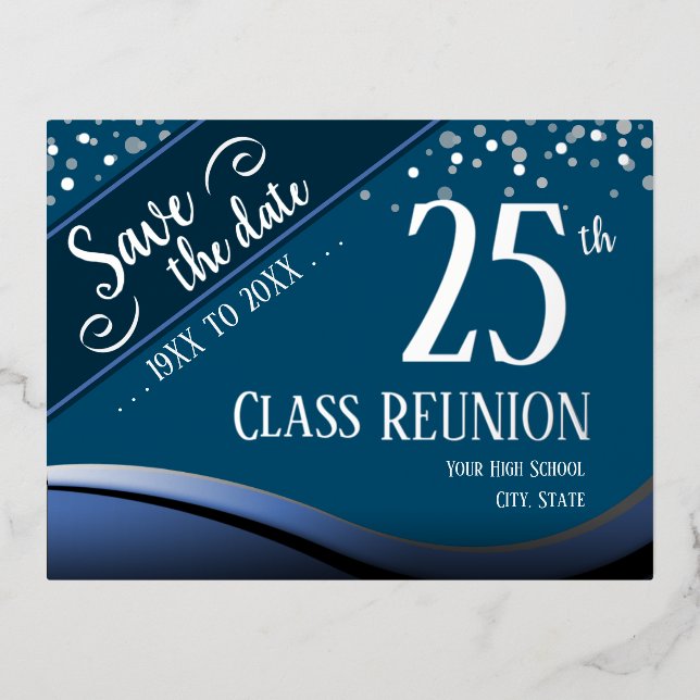 Postal Festiva Con Relieve Metalizado 25ª Clase Reunión Elegante azul (Anverso)