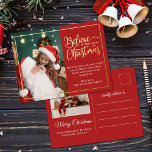 Postal Festiva Con Relieve Metalizado 2 fotos creen en Navidades familia mágica roja<br><div class="desc">Postal de saludo de vacaciones moderna con uno de sus retratos favoritos de la familia de Navidades a la izquierda complementado con un marco de Relieve metalizado de oro real y una frase que dice "Creer en la magia de los Navidades" a la derecha sobre un fondo rojo festivo, personalizable...</div>