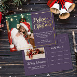 Postal Festiva Con Relieve Metalizado 2 fotos creen en Navidades magia familia violet<br><div class="desc">Postal de saludo de vacaciones moderna con uno de sus retratos favoritos de la familia de Navidades a la izquierda complementado con un marco de Relieve metalizado de oro real y una frase que dice "Creer en la magia de los Navidades" a la derecha sobre un fondo violeta moderno, personalizable...</div>
