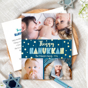 Postal Festiva Con Relieve Metalizado 3 Foto Feliz Hanukkah Divertido Tipo Azul Oro Real
