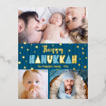 Postal Festiva Con Relieve Metalizado 3 Fotografía Happy Hanukkah Moderno Verde azulado<br><div class="desc">"Feliz Hanukkah". Un Relieve metalizado de oro real y una tipografía azul claro, un Relieve metalizado de oro aleatorio, estampado de la estrella de David, y líneas dibujadas a mano azul marino a medianoche, son divertidos y juguetones, y sobreponen un fondo azul verde azulado oscuro. Añada 3 fotos de su...</div>