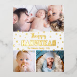 Postal Festiva Con Relieve Metalizado 3 Fotografía Happy Hanukkah Moderno Whimsical Real<br><div class="desc">"Feliz Hanukkah". Divertida, juguetona, caprichosa y artesanal tipografía de Relieve metalizado de oro real y un patrón al azar de Star of David superponen un fondo blanco y limpio. Añada 3 fotos de su elección para ayudar a entrar en Hanukkah con esta impresionante, colorida, personalizada y real tarjeta postal de...</div>