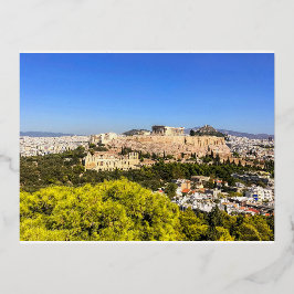 POSTAL FESTIVA CON RELIEVE METALIZADO A LOS PIES DE LA ACRÓPOLIS