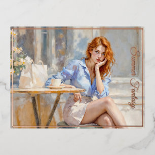 Postal Festiva Con Relieve Metalizado Aceite romántico arte chica de ojos azules tonos p