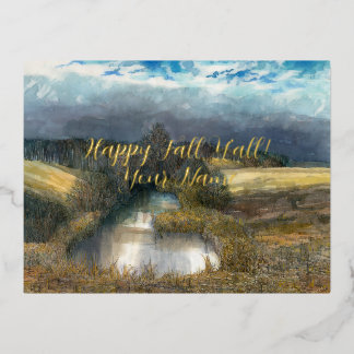 Postal Festiva Con Relieve Metalizado acuarela de estanque de otoño