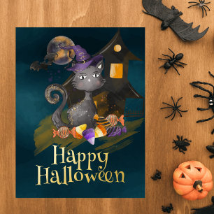 Postal Festiva Con Relieve Metalizado Acuarela Gato negro con caramelos, Halloween