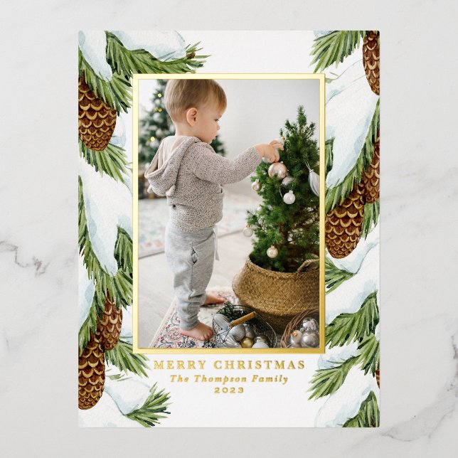 Postal Festiva Con Relieve Metalizado Acuarela Nieve Pinecones Foto Feliz Navidad (Anverso)