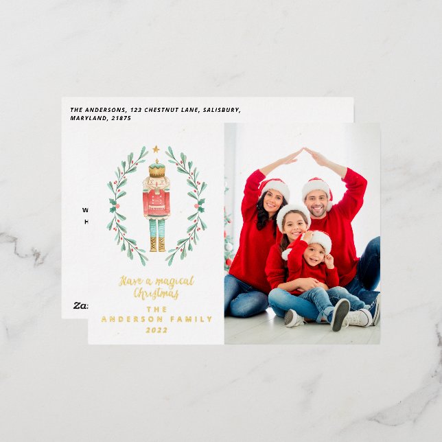 Postal Festiva Con Relieve Metalizado acuarela nutcracker una foto (Anverso/Reverso)