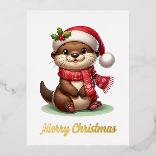 Postal Festiva Con Relieve Metalizado Adorable nutria de Navidad