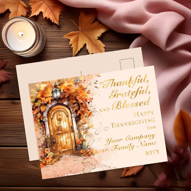 Postal Festiva Con Relieve Metalizado Agradecimiento de agradecimiento a Fall Door (Elegant Wood Door Fall Leaves | Pumpkins "Thankful, Grateful and Blessed Thanksgiving Postcard)