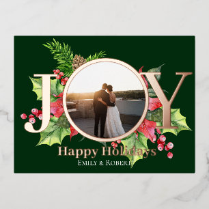 Postal Festiva Con Relieve Metalizado Alegría felices fiestas acuarela vegetación con fo