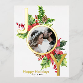 Postal Festiva Con Relieve Metalizado Alegría felices fiestas acuarela vegetación con fo
