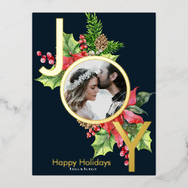 Postal Festiva Con Relieve Metalizado Alegría felices fiestas acuarela vegetación con fo