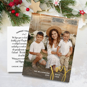 Postal Festiva Con Relieve Metalizado Alegría Paz Amor Foto Vertical Navidad Dorado