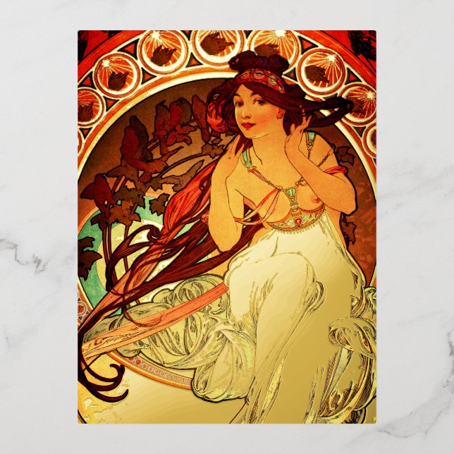 Postal Festiva Con Relieve Metalizado Alphonse・art nouveau music musa (Anverso)