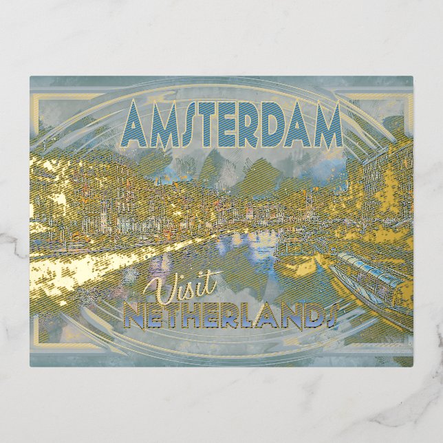 Postal Festiva Con Relieve Metalizado Amsterdam, de la serie Visita... (Anverso)