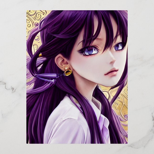 Postal Festiva Con Relieve Metalizado Anime White Shirt Hoop Earrando Mariposa Morada (Anverso)