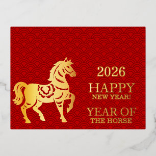 Postal Festiva Con Relieve Metalizado Año Nuevo Chino del Caballo Rojo Dorado