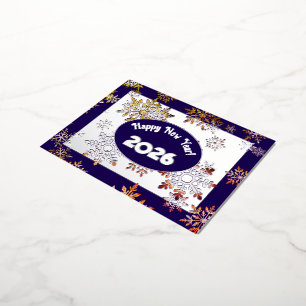 Postal Festiva Con Relieve Metalizado Año nuevo moderno feliz, coloridos copos de nieve 