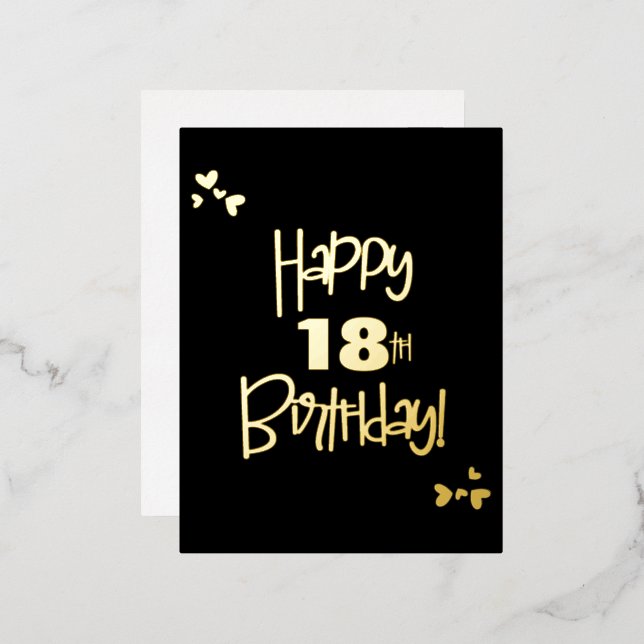 Postal Festiva Con Relieve Metalizado Año personalizado Negro y Oro Feliz 18º cumpleaños (Anverso/Reverso)