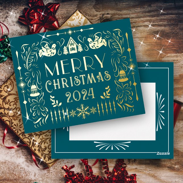 Postal Festiva Con Relieve Metalizado Año Verde azulado de los Navidades escandinavos (Scandinavian Christmas Design.)