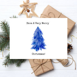 Postal Festiva Con Relieve Metalizado Árbol Azul Feliz Navidad