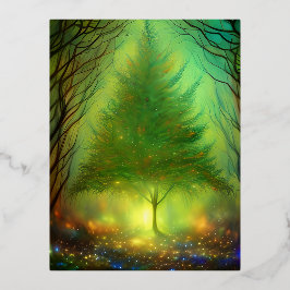 Postal Festiva Con Relieve Metalizado Árbol de fantasía