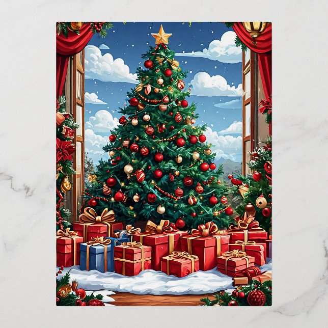Postal Festiva Con Relieve Metalizado árbol de Navidad (Anverso)