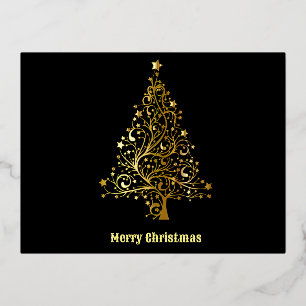 Postal Festiva Con Relieve Metalizado Árbol de Navidad brillante negro/oro