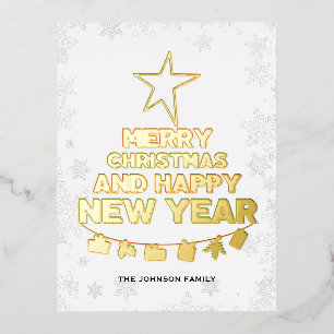 Postal Festiva Con Relieve Metalizado Árbol de Navidad, Feliz Año Nuevo, palabras, estre
