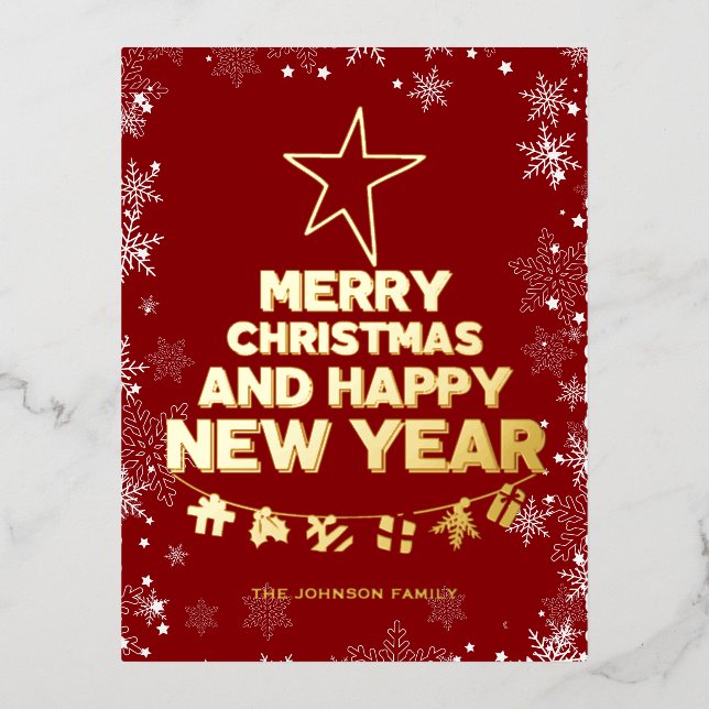 Postal Festiva Con Relieve Metalizado Árbol de Navidad, Feliz Año Nuevo, palabras, estre (Anverso)