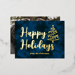Postal Festiva Con Relieve Metalizado Árbol de Navidad Moderno Feliz Fiesta Azul Dorado