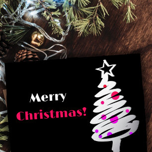 Postal Festiva Con Relieve Metalizado Árbol de Navidad plateado simplista con fondo negr