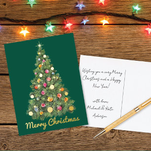Postal Festiva Con Relieve Metalizado Árbol de Navidad retro brillante no fotográfico