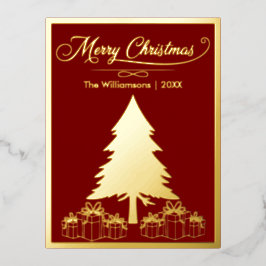 Postal Festiva Con Relieve Metalizado Árbol de oro navideño y regalo